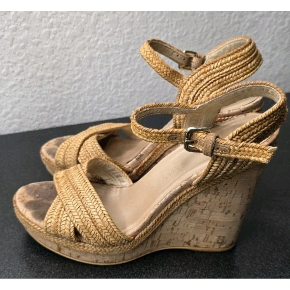 Stuart Weitzman Minx Espadrille Wedge Sandals 36/6 Cork Ankle Strap Heeled Boho